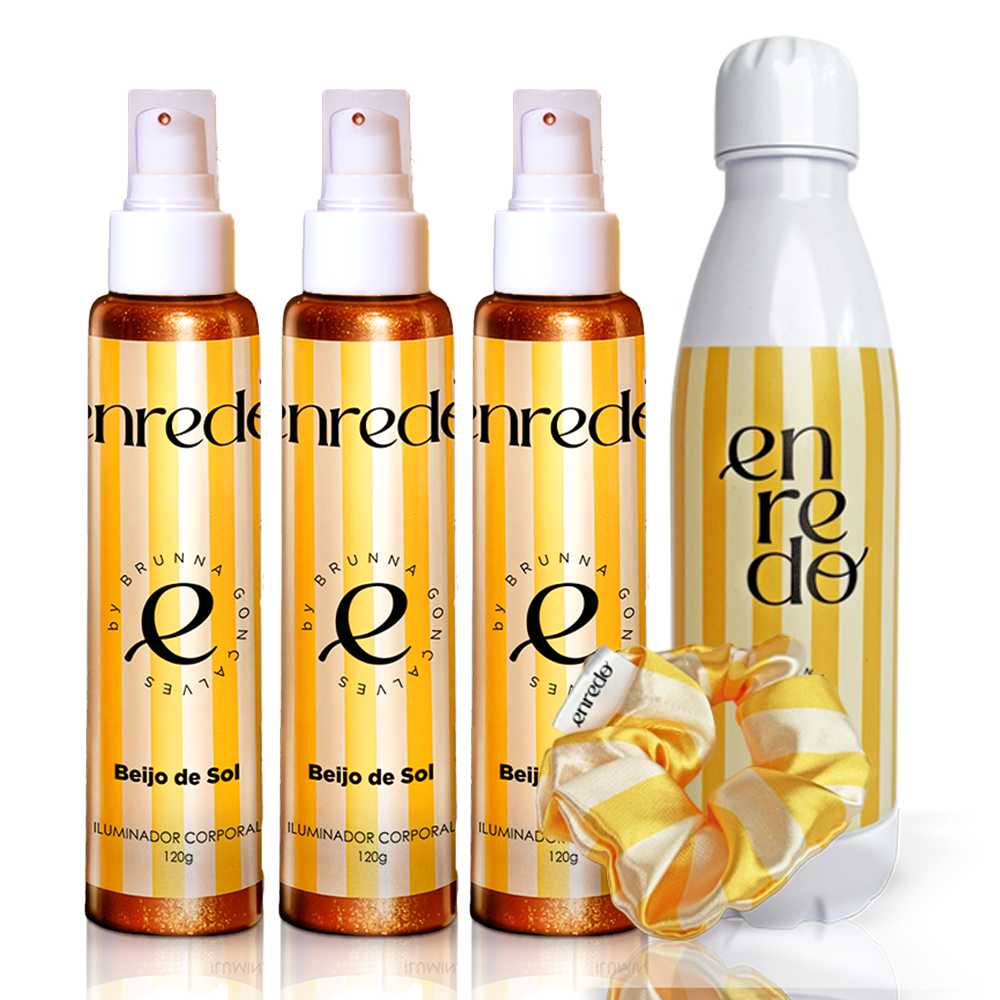Kit 3 Iluminadores Beijo de Sol + Acessório de Cabelo + Garrafa Enredo 600ml
